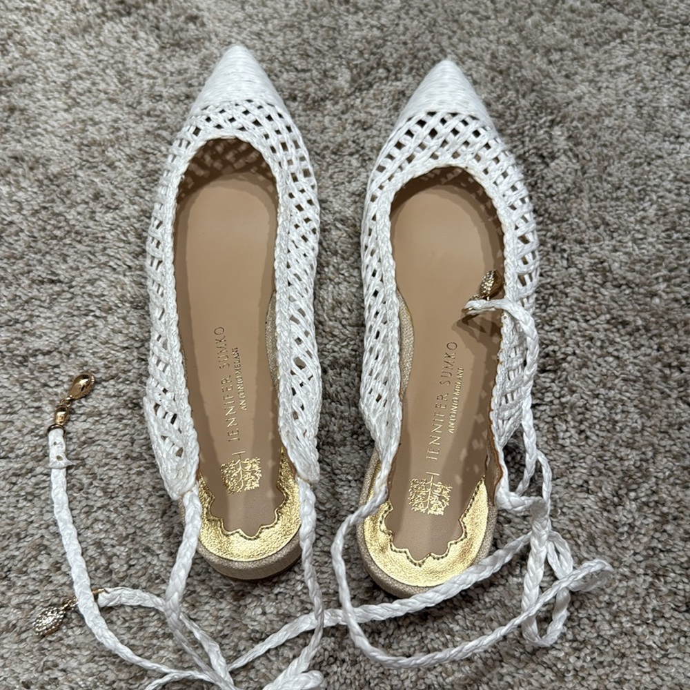 Jennifer Sumko x Antonio Melani Newport Woven White Lace Up Strappy Flats Sz 6.5 - Picture 4 of 6